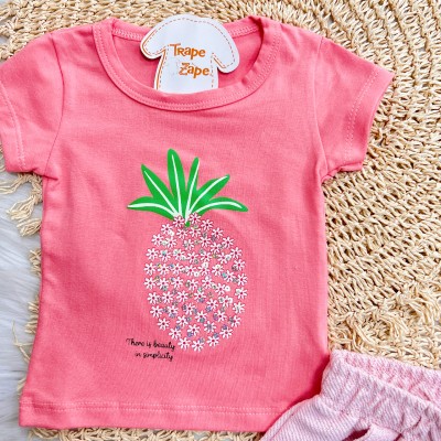 Conj. Blusa Abacaxi Floral e Short em Linho - Rosa